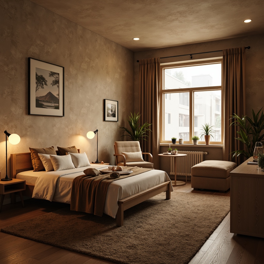 Prompt: Cozy dorm room, textured walls, earthy tones, warm beige colors, comfortable bedding, plush carpets, minimalist furniture, modern desk lamps, softbox lighting, natural wood accents, rustic decorations, intimate atmosphere, shallow depth of field, 1/2 composition, realistic textures, ambient occlusion.