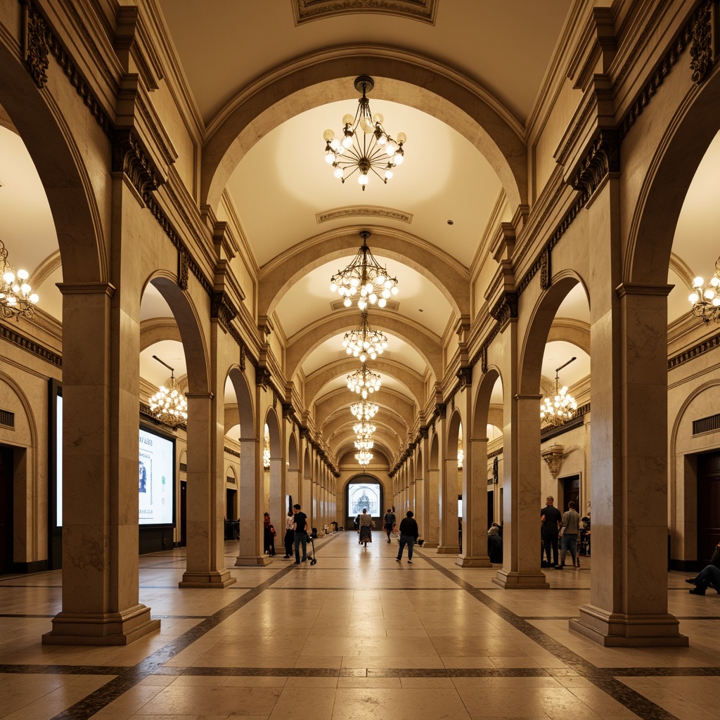 Prompt: Grandiose metro station, traditional architectural style, high ceilings, ornate chandeliers, classical columns, intricate moldings, elegant stone walls, polished marble floors, inlaid patterns, terrazzo tiles, warm beige tones, subtle texture variations, soft warm lighting, shallow depth of field, 3/4 composition, realistic reflections, ambient occlusion.