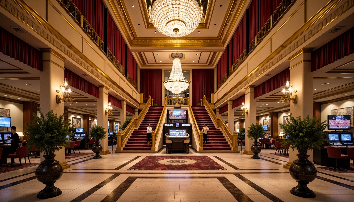 Prompt: Luxurious casino interior, ornate golden accents, intricate moldings, lavish chandeliers, rich velvet drapes, polished marble floors, grandiose staircases, neoclassical columns, opulent furnishings, lavish decorations, sparkling crystal fixtures, warm ambient lighting, shallow depth of field, 1/2 composition, realistic textures, detailed normal maps.