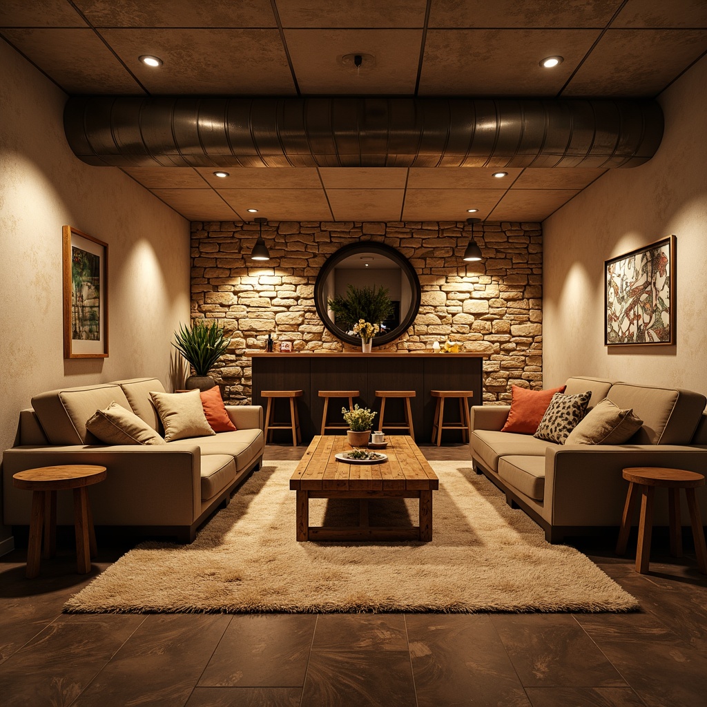 Prompt: Cozy basement setting, warm earthy tones, plush area rugs, comfortable sectional sofas, reclaimed wood coffee tables, industrial metal lighting fixtures, rustic stone walls, warm beige colors, soft ambient glow, shallow depth of field, 1/1 composition, realistic textures, ambient occlusion, intimate conversation areas, decorative wall art, wooden bar stools, modern minimalist decor.