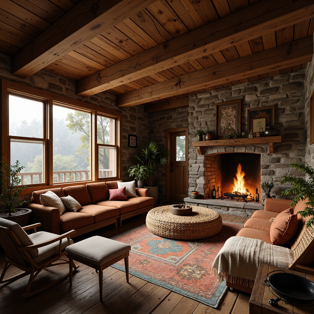 Prompt: Rustic wooden cabin, exposed stone walls, earthy color palette, plush throw blankets, woven wicker furniture, soft velvet upholstery, crackling fireplace, warm golden lighting, natural fiber rugs, reclaimed wood accents, distressed metal decorations, vintage artifacts, organic shapes, intimate scale, shallow depth of field, 1/2 composition, soft focus, atmospheric perspective.