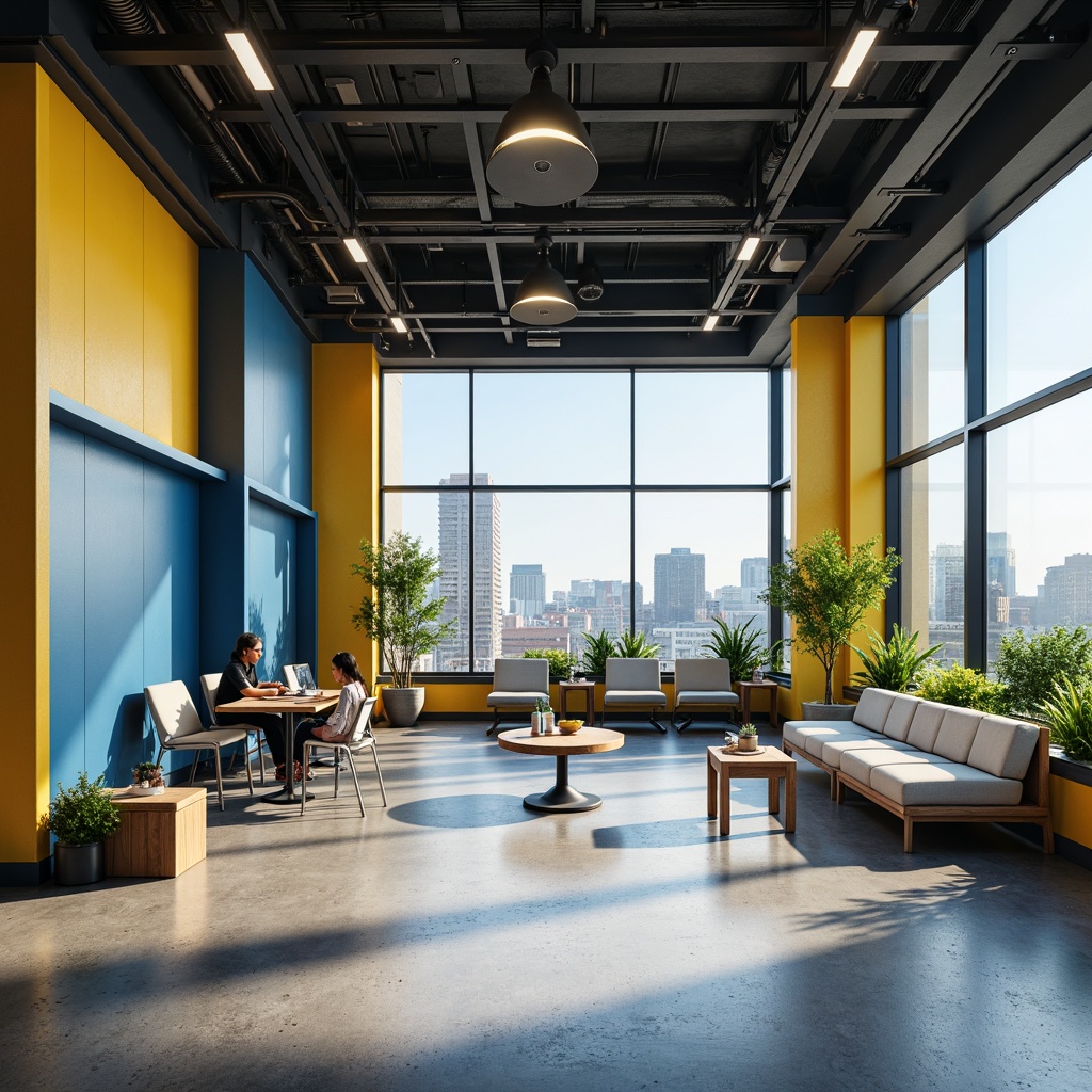 Prompt: Modern office space, professional atmosphere, calming blue tones, energizing yellow accents, neutral beige walls, sleek wood furniture, minimalist decor, plenty of natural light, floor-to-ceiling windows, urban cityscape views, collaborative workspaces, ergonomic chairs, vibrant greenery, inspiring quotes, creative breakout rooms, focused lighting, 3/4 composition, shallow depth of field, realistic textures.