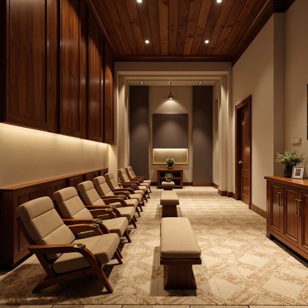 Prompt: Rich walnut wood paneling, velvety soft theatre seats, warm beige carpeting, polished brass accents, sleek chrome lighting fixtures, creamy white walls, geometric patterned rugs, mid-century modern inspired furniture, minimalist decor, subtle texture variations, warm ambient lighting, shallow depth of field, 3/4 composition, realistic render, high-contrast color palette.