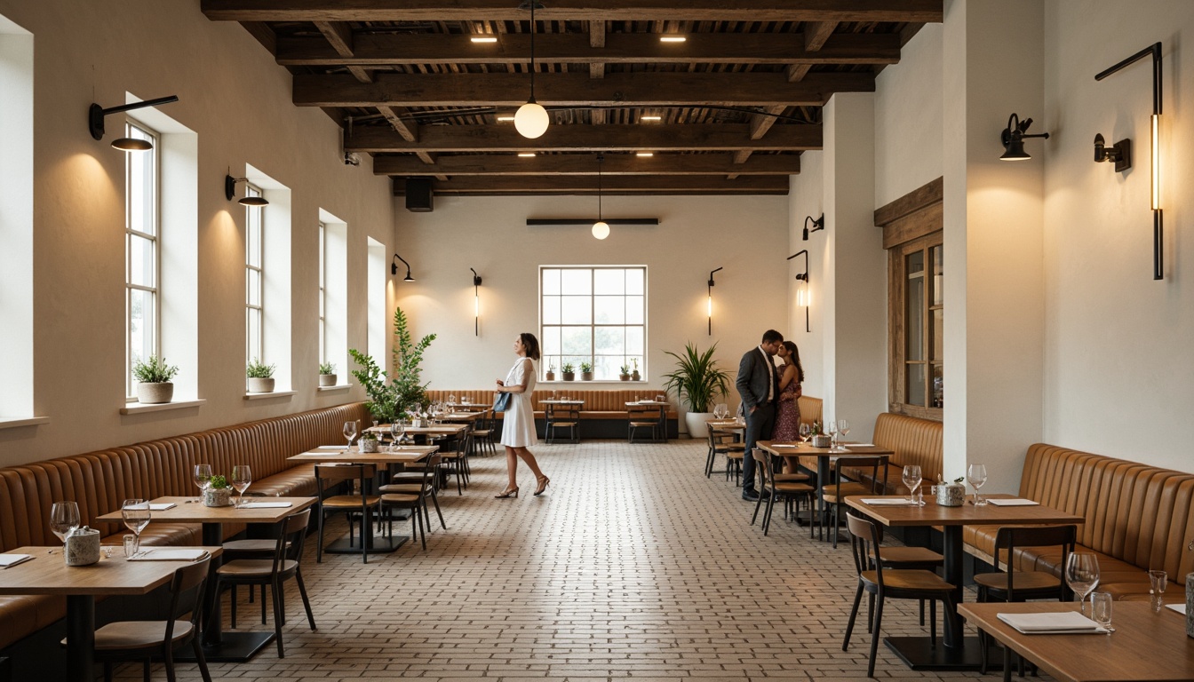 Prompt: Industrial-chic Bauhaus dining hall, minimalist tables, steel chairs, geometric-patterned floors, cream-colored walls, modernist lighting fixtures, cylindrical pendant lamps, spherical glass shades, metal sconces, linear LED strips, warm soft glow, ambient occlusion, shallow depth of field, 3/4 composition, realistic textures.