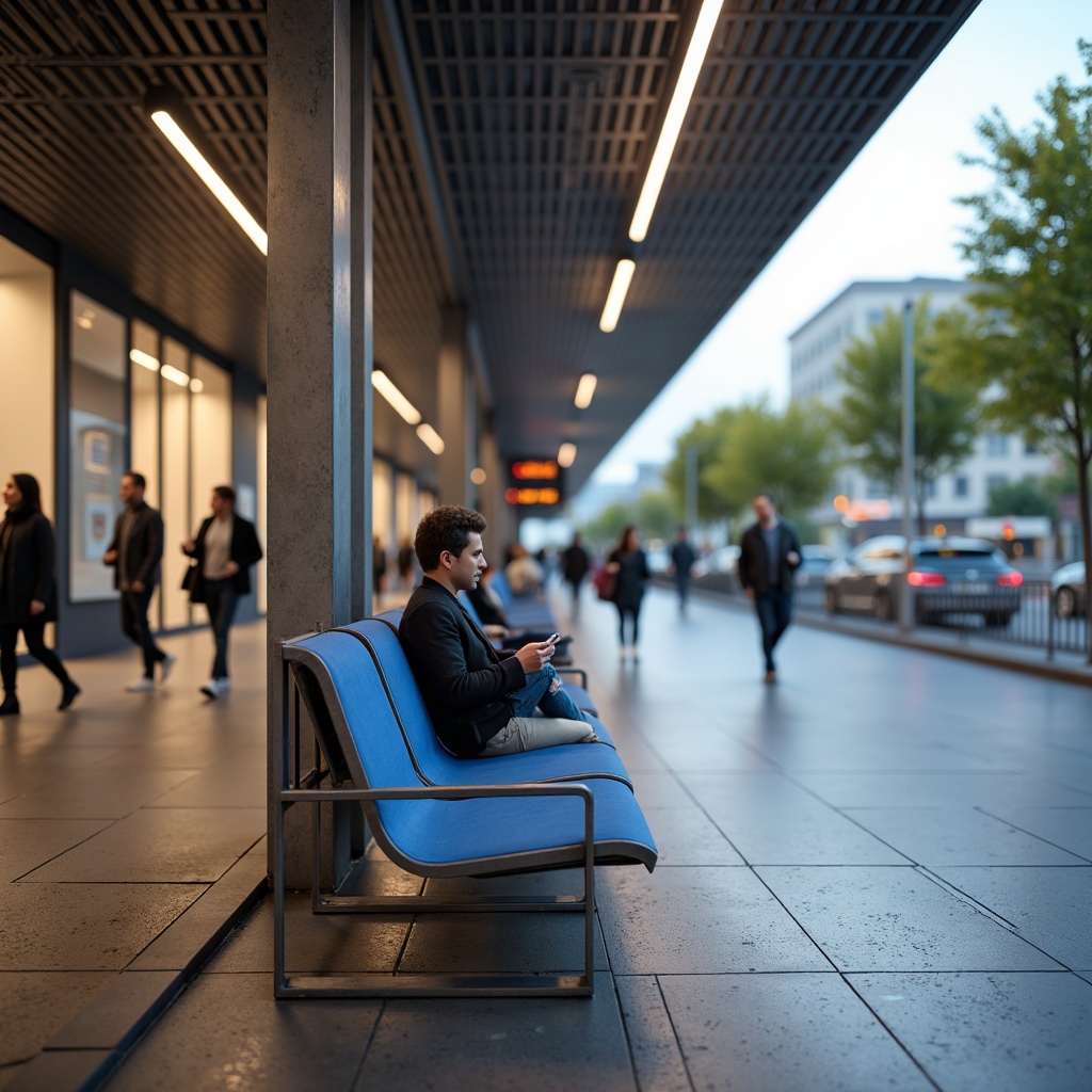 Prompt: Modern bus station, sleek metal benches, ergonomic seating design, vibrant blue accents, urban landscape, busy commuters, natural stone flooring, stainless steel handrails, minimalist architecture, overhead LED lighting, warm and cozy atmosphere, shallow depth of field, 1/2 composition, realistic textures, ambient occlusion.