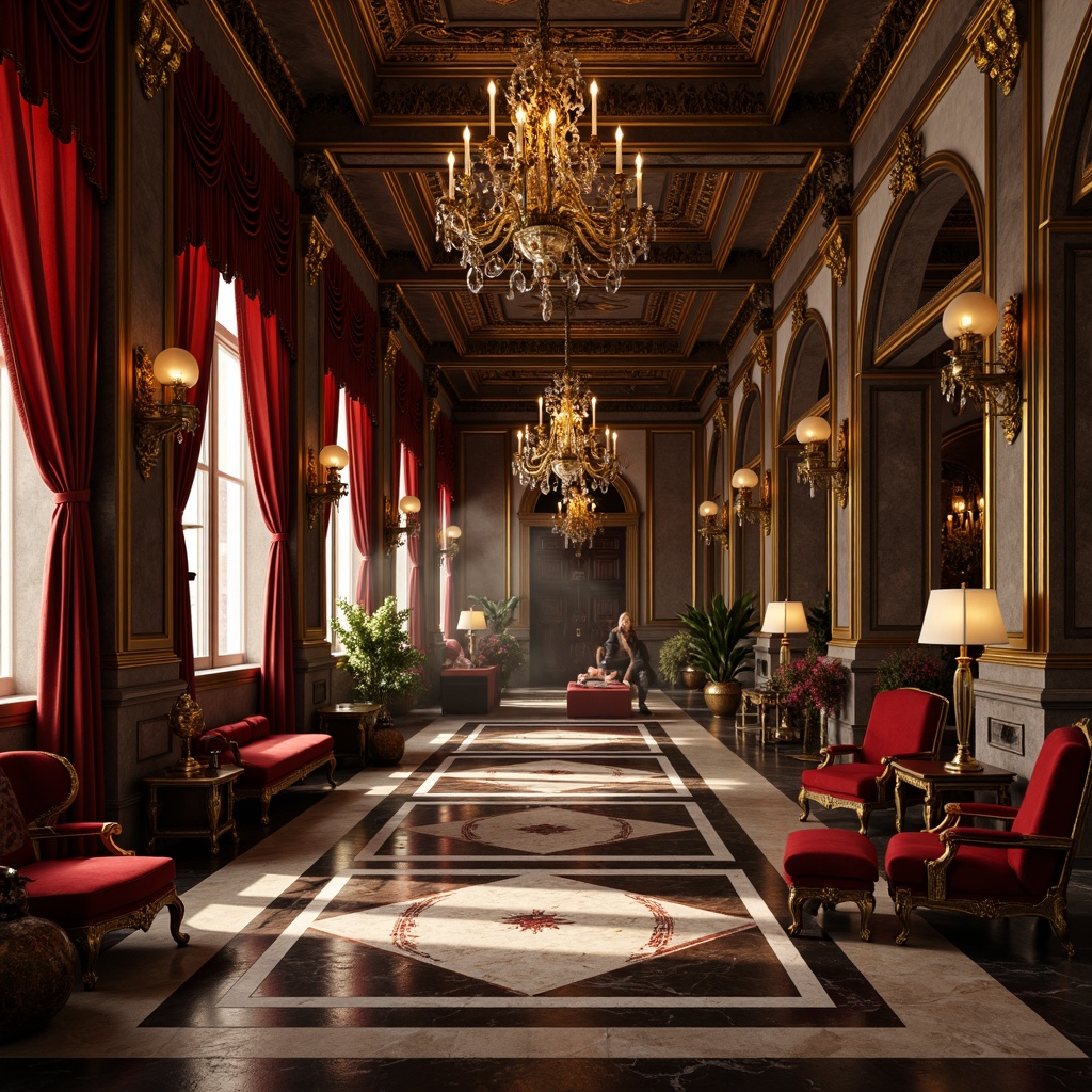 Prompt: Luxurious Baroque interior, rich velvet fabrics, ornate gold accents, intricate wooden carvings, high-contrast textures, dramatic lighting effects, warm candlelight, grand chandeliers, opulent marble floors, lavish furnishings, regal throne-like chairs, imposing stone columns, soft focus blur, shallow depth of field, 1/2 composition, atmospheric perspective, realistic material rendering.