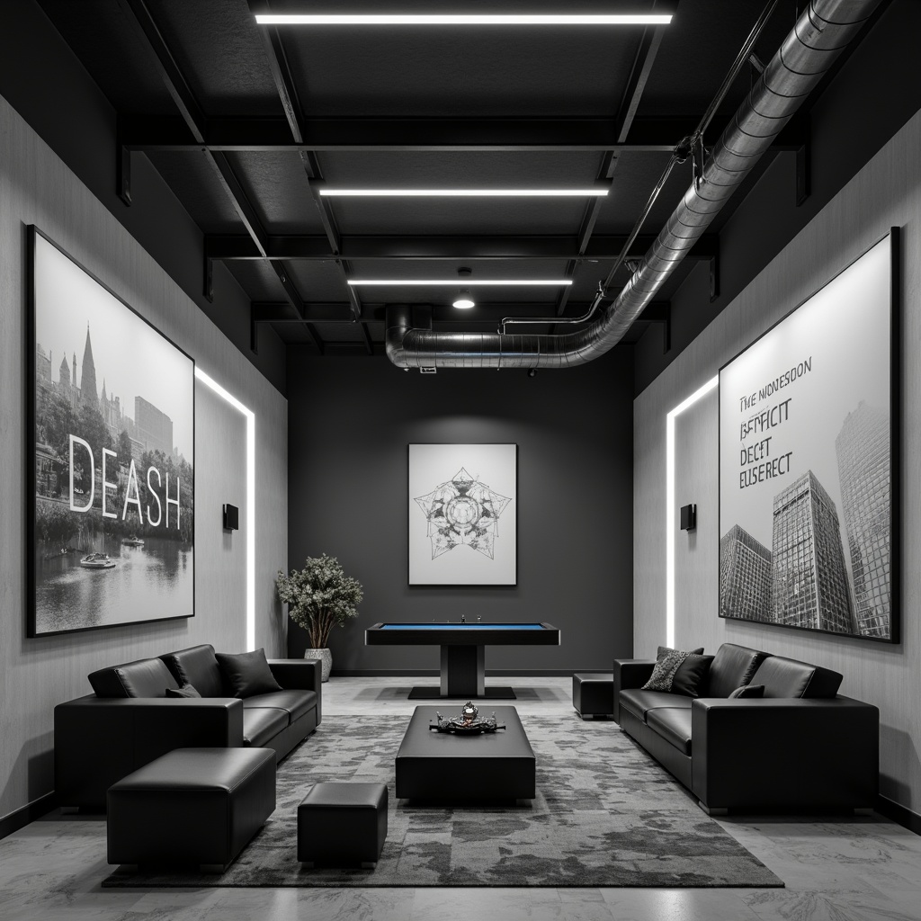 Prompt: Monochromatic game room, minimalist decor, soft gray walls, sleek black furniture, subtle neon accents, futuristic ambient lighting, LED strip lights, industrial metal beams, polished concrete floors, modern abstract art, geometric patterns, bold typography, neutral color scheme, calming atmosphere, shallow depth of field, 1/1 composition, realistic textures, ambient occlusion.