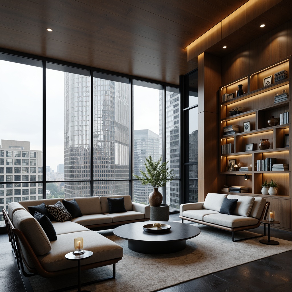 Prompt: Curved lines, minimal ornamentation, monochromatic color scheme, luxurious fabrics, metallic accents, sleek low-profile sofas, geometric-shaped coffee tables, floor-to-ceiling windows, urban cityscape views, modern skyscraper backdrop, soft warm lighting, shallow depth of field, 3/4 composition, panoramic view, realistic textures, ambient occlusion, spacious open-plan living area, functional modular shelving units, concealed storage compartments, state-of-the-art smart home systems.