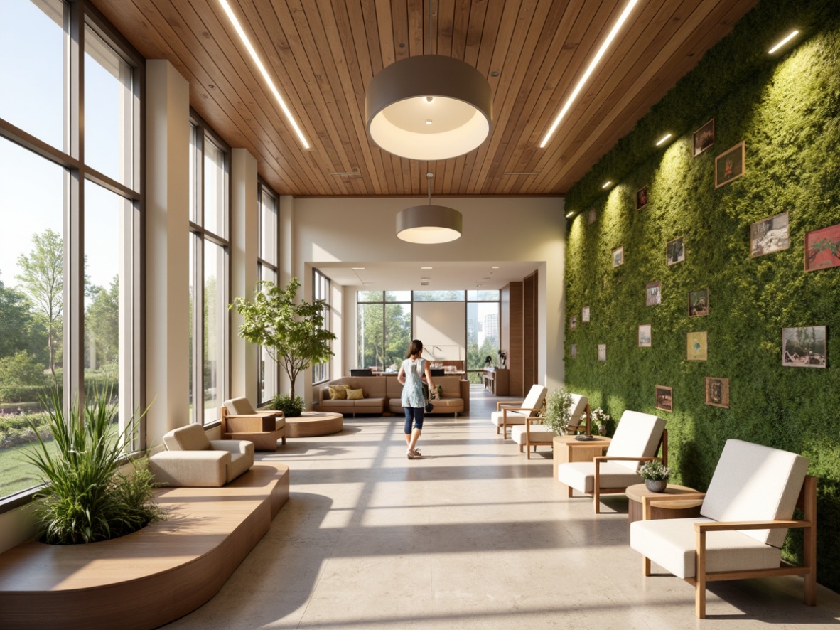 Prompt: Soothing healthcare facility, calming ambiance, natural materials, wooden accents, living green walls, serene water features, warm white lighting, soft pastel colors, organic shapes, minimalist decor, comfortable seating areas, gentle music, peaceful art pieces, natural fabrics, subtle fragrance diffusion, warm beige tones, cozy reading nooks, intimate scale, 1/1 composition, softbox lighting, realistic textures, ambient occlusion.