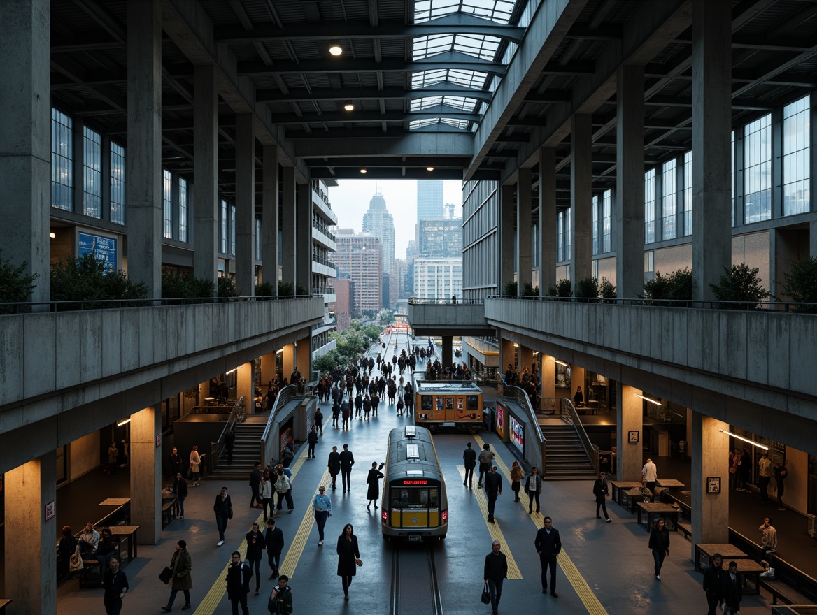 Prompt: Industrial train station, brutalist architecture, raw concrete structures, exposed ductwork, metallic beams, industrial lighting fixtures, dramatic shadows, high ceilings, grand staircases, urban cityscape, busy commuter traffic, rush hour atmosphere, fluorescent light strips, neon signs, steel columns, functional design, minimalist aesthetic, cold color palette, overcast day, low-key lighting, 1/1 composition, symmetrical framing, harsh contrast, realistic textures.