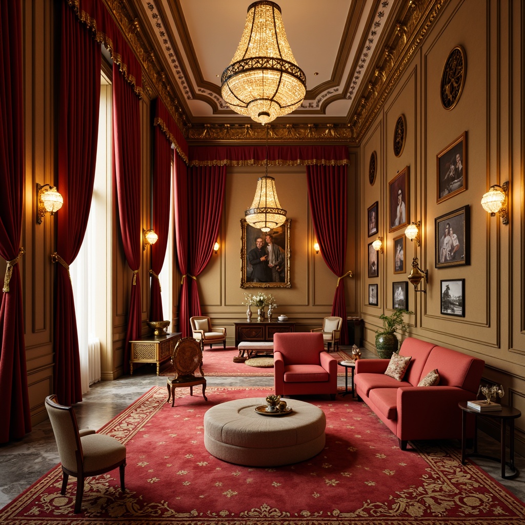 Prompt: Rich velvet drapes, luxurious gold accents, ornate chandeliers, lavish furnishings, plush red carpets, intricate molding details, warm beige walls, elegant marble floors, sophisticated bronze fixtures, dramatic high ceilings, opulent crystal decorations, soft golden lighting, cinematic atmosphere, 3/4 composition, shallow depth of field, realistic textures, ambient occlusion.