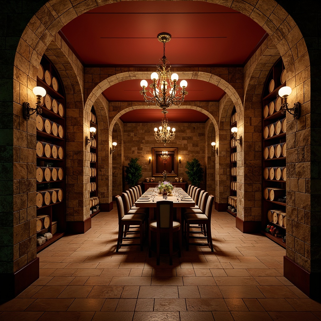 Prompt: Luxurious wine cellar, rich wood tones, dark stone walls, elegant chandeliers, sophisticated color scheme, deep reds, warm burgundies, earthy terracottas, creamy whites, soft golden lighting, intimate ambiance, refined textures, ornate metalwork, vintage wine barrels, rustic wooden crates, dramatic shadows, low-key illumination, 1/1 composition, realistic reflections.