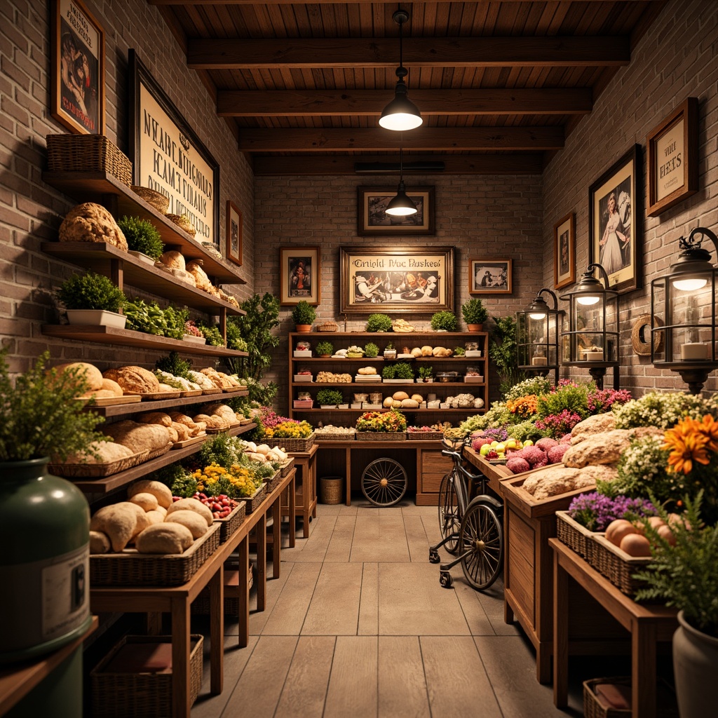 Prompt: Cozy traditional grocery store, warm wooden shelves, rustic brick walls, vintage advertisements, antique shopping carts, ornate metal lanterns, rich aromas of freshly baked bread, abundant produce stands, colorful fruit displays, overflowing flower baskets, soft warm lighting, shallow depth of field, 1/1 composition, realistic textures, ambient occlusion.