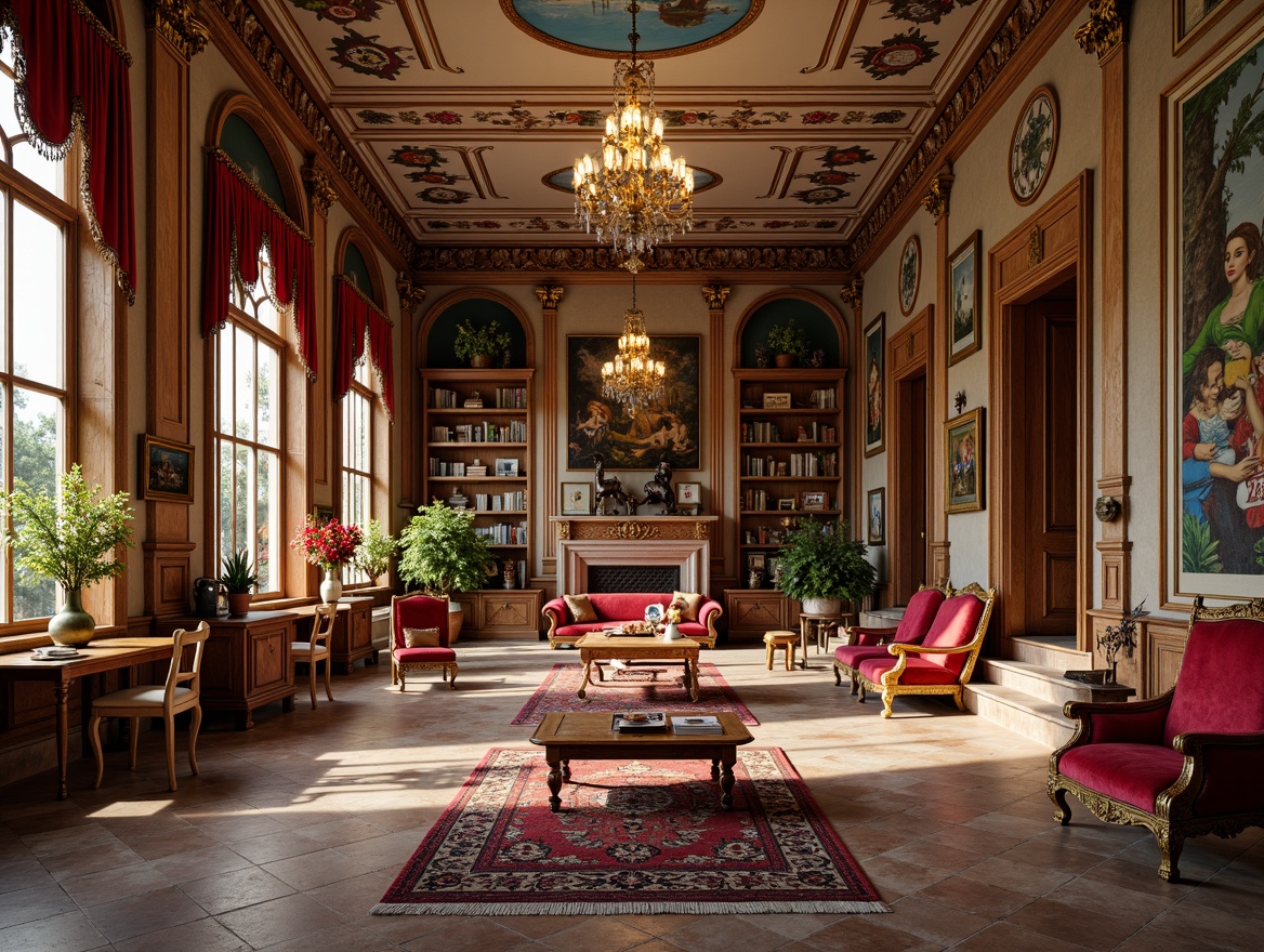 Prompt: Renaissance-style kindergarten interior, ornate wooden furniture, intricately carved chairs, plush velvet upholstery, rich jewel-toned colors, golden accents, grandiose chandeliers, frescoed ceilings, vintage-inspired educational tools, wooden blocks, colorful rugs, natural stone flooring, soft warm lighting, cozy reading nooks, whimsical illustrations, elegant curves, ornate mirrors, antique-style bookshelves, rustic wooden tables, vibrant flower arrangements, lively children's artwork, playful musical instruments.