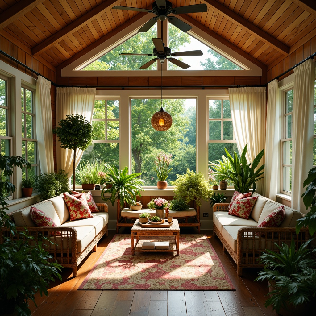 Prompt: Cozy sunroom, lush greenery, natural light pouring in, warm wooden flooring, plush wicker furniture, vibrant throw pillows, delicate floral patterns, elegant ceiling fans, sheer curtains, soft warm lighting, 3/4 composition, shallow depth of field, panoramic view, realistic textures, ambient occlusion.