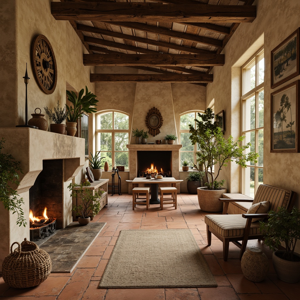 Prompt: Rustic farmhouse, vintage decor, earthy tones, warm beige walls, distressed wood accents, soft sage greenery, muted terracotta floors, creamy white trim, weathered metal roofs, natural stone fireplaces, cozy candlelight, warm golden hour, shallow depth of field, 3/4 composition, rustic textures, ambient occlusion.