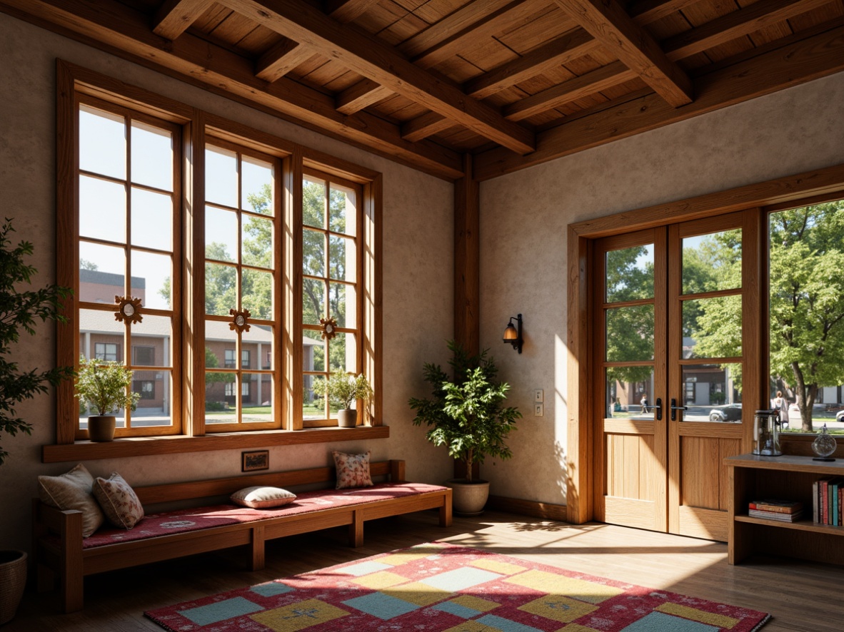 Prompt: Rustic wooden window frames, earthy brown colors, natural stone walls, ornate trims, pitched roofs, overhanging eaves, cozy reading nooks, built-in benches, stained glass accents, wrought iron door handles, distressed wood textures, warm golden lighting, soft afternoon sunbeams, shallow depth of field, 1/2 composition, realistic wood grain, ambient occlusion, elementary school setting, educational decorations, vibrant colorful rugs, playful learning spaces, collaborative work areas.