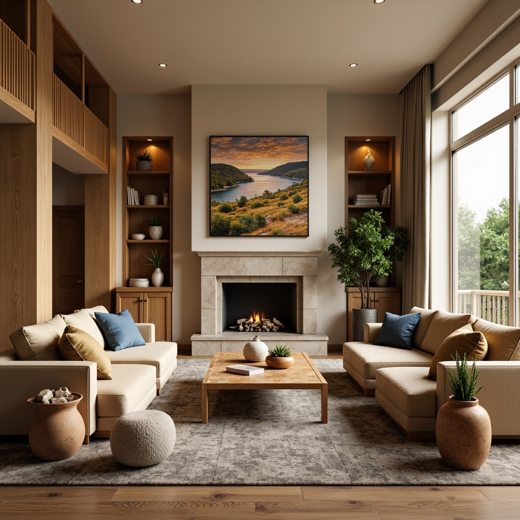 Prompt: Cozy living room, warm beige walls, plush velvet sofas, rich wood accents, soft golden lighting, textured rugs, natural stone fireplace, earthy terracotta vases, vibrant greenery, comfortable seating areas, intimate atmosphere, calming color scheme, creamy whites, soothing blues, warm neutrals, inviting textiles, rustic wooden furniture, elegant marble coffee tables, modern abstract artwork, subtle patterned throws, relaxing ambiance, 1/1 composition, soft focus, warm color temperature.