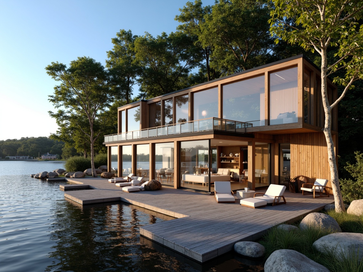 Prompt: Waterfront boathouse, expansive glass walls, sliding doors, open deck, nautical theme, wooden accents, rustic charm, lake or ocean views, surrounding foliage, natural stone foundation, modern minimalist interior, abundant natural light, airy atmosphere, industrial chic decor, metal beams, reclaimed wood flooring, cozy nooks, plush furnishings, warm color palette, soft ambient lighting, 1/1 composition, shallow depth of field, realistic textures.