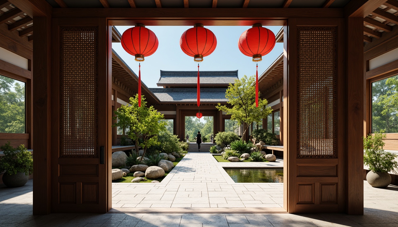 Prompt: Traditional Asian-style temple, intricately carved wooden doors, vibrant red lanterns, serene courtyard, lush greenery, natural stone walkways, tranquil koi pond, bonsai trees, minimal ornamentation, subtle color palette, harmonious balance of elements, symmetrical composition, 1/1 aspect ratio, soft warm lighting, shallow depth of field, realistic textures, ambient occlusion, Tatami mat flooring, Shoji screen doors, sliding glass panels, natural ventilation systems.