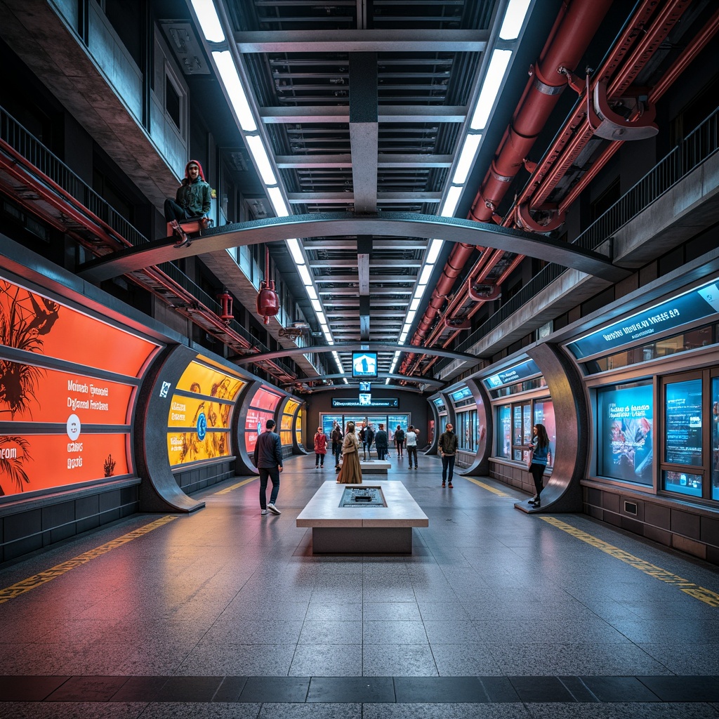 Prompt: Vibrant metro station interior, ornate architectural details, eclectic mix of materials, exposed concrete ceilings, sleek steel beams, industrial-chic lighting fixtures, modern urban aesthetic, polished granite flooring, metallic wall accents, geometric tile patterns, bold color schemes, dynamic LED installations, futuristic signage systems, spacious open platforms, high-contrast visual elements, dramatic shadows, cinematic lighting effects, 1/2 composition, symmetrical framing, realistic textures, advanced normal mapping.