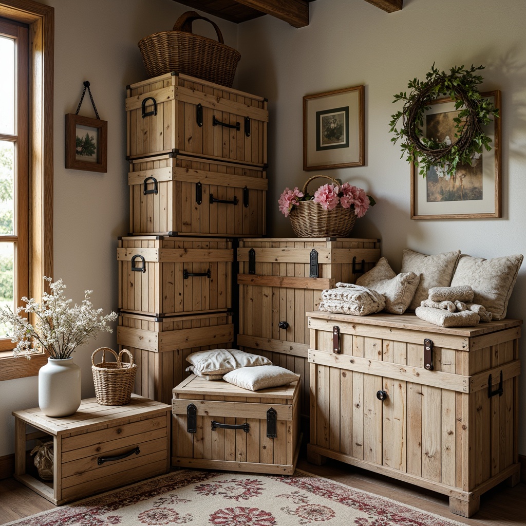 Prompt: Rustic storage room, distressed wood crates, vintage trunks, woven baskets, soft pastel hues, romantic florals, lace trimmings, ruffled fabrics, ornate metal handles, aged leather straps, plush area rugs, natural fiber textiles, billowy drapes, creamy whites, warm golden lighting, shallow depth of field, 1/2 composition, intimate atmosphere, realistic textures.