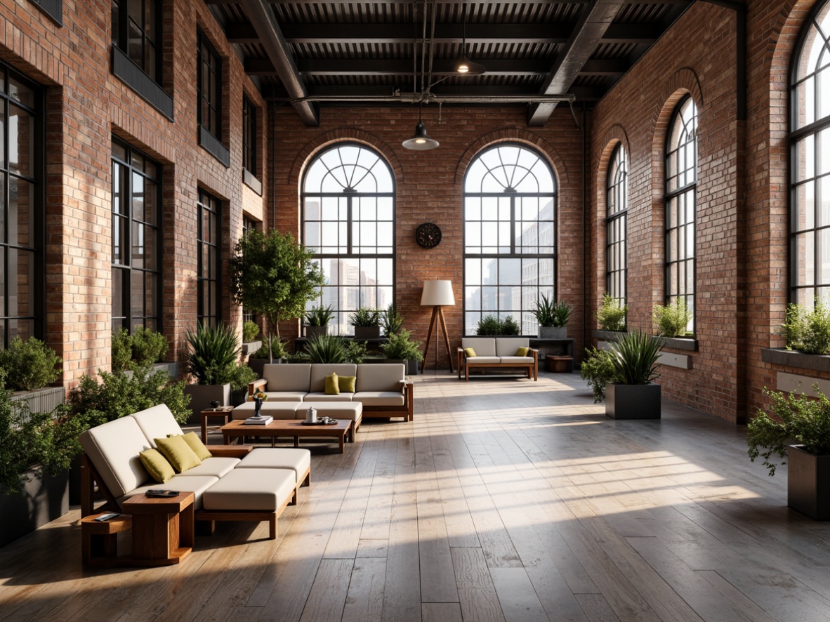 Prompt: Exposed brick walls, metal beams, reclaimed wood floors, industrial-style lighting fixtures, polished concrete surfaces, urban loft atmosphere, high ceilings, open floor plans, minimalist decor, functional zones, collaborative workspaces, cozy reading nooks, statement furniture pieces, greenery installations, natural light pouring in, airy feel, 3/4 composition, shallow depth of field, realistic textures.