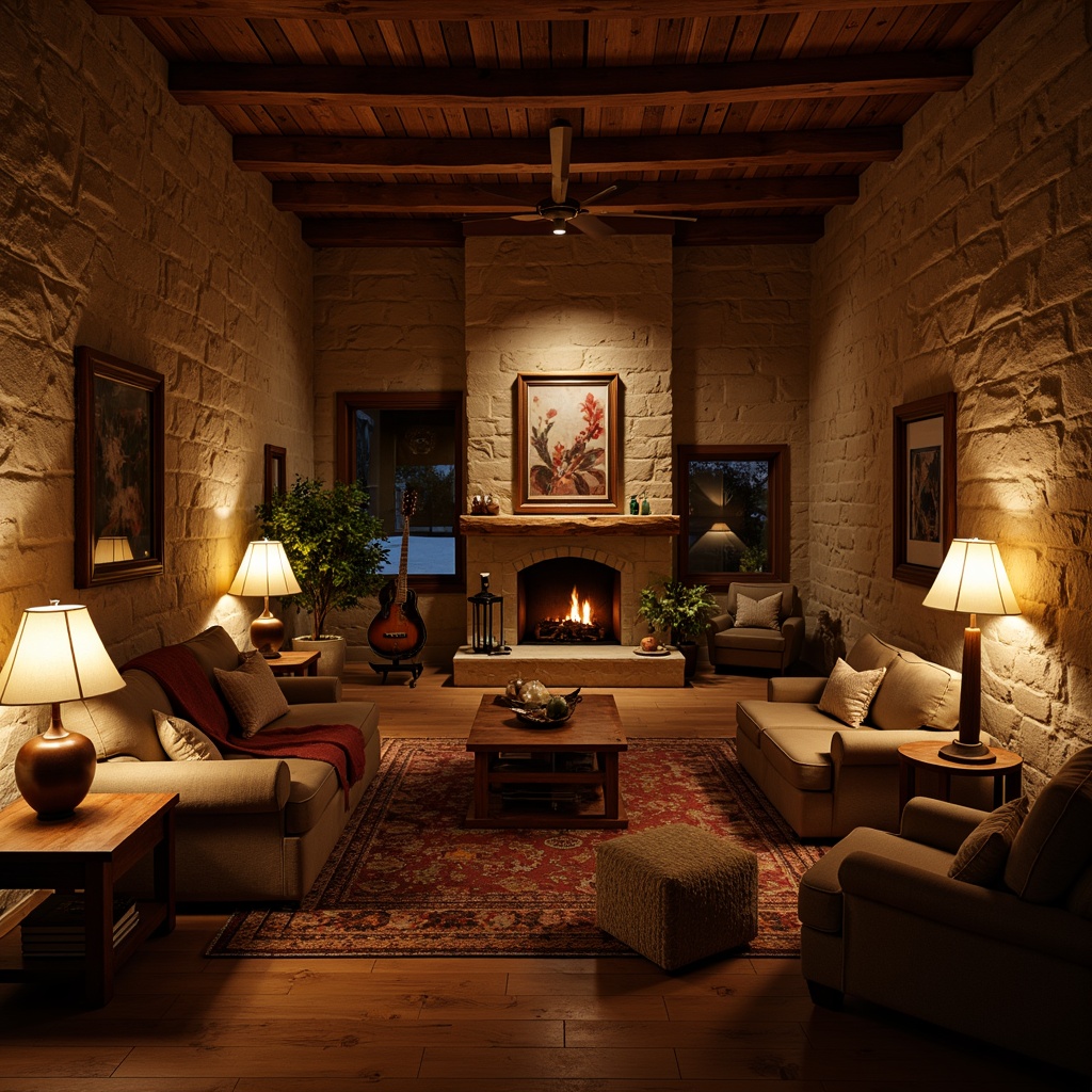 Prompt: Cozy living room, warm ambiance, softbox lighting, table lamps, floor lamps, pendant lights, dimmable fixtures, warm white tones, 2700K-3000K color temperature, rustic wooden furniture, plush area rugs, comfortable sofas, natural stone walls, earthy color palette, intimate seating areas, relaxed mood, calm atmosphere, subtle shadows, gentle highlights, warm glow, atmospheric ambiance.