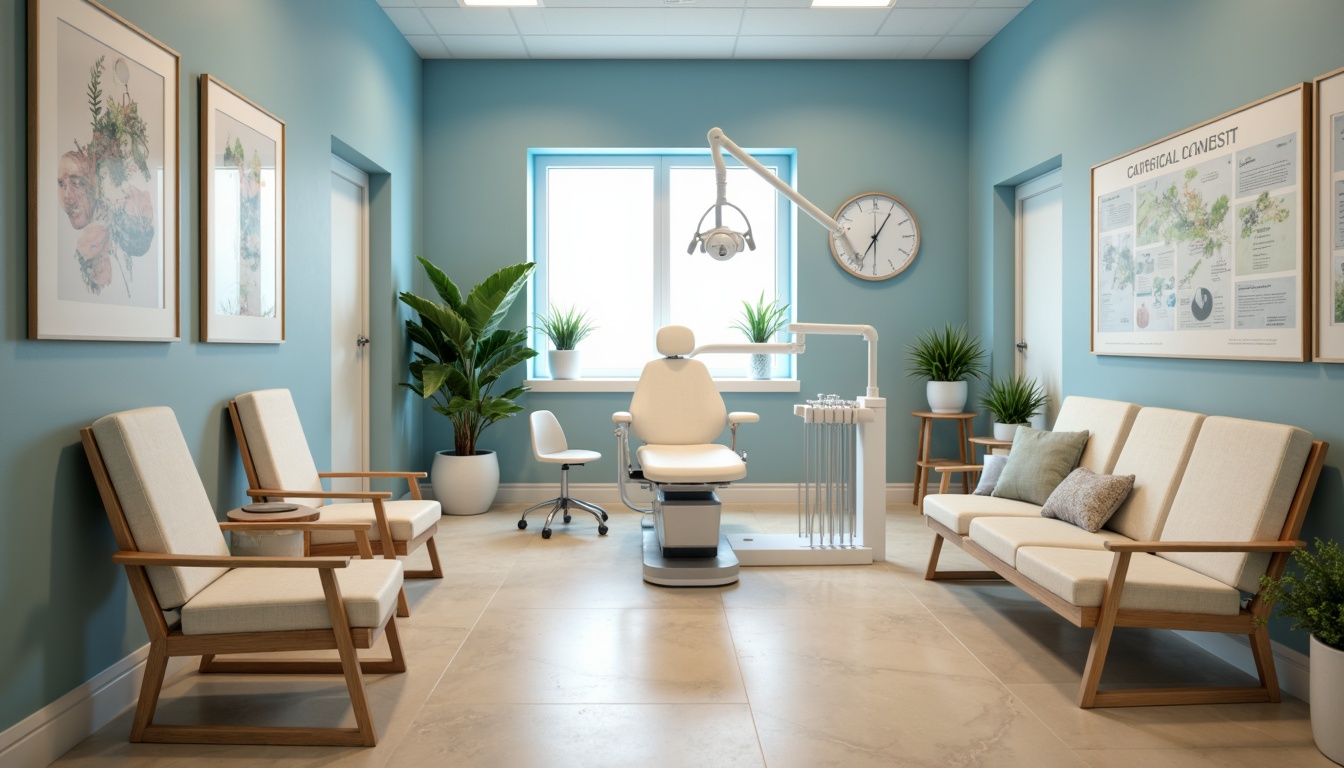 Prompt: Calming dental clinic, soft blue walls, creamy white furniture, warm beige floors, natural wood accents, gentle greenery, soothing ambient lighting, modern minimalist decor, stainless steel equipment, comfortable waiting area, educational posters, serene atmosphere, shallow depth of field, 1/2 composition, realistic textures, subtle gradient effects.