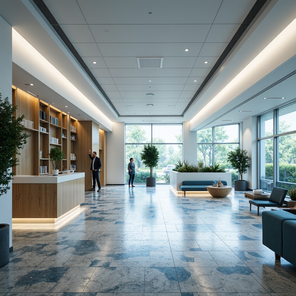 Prompt: Modern clinic interior, sleek tile flooring, hexagonal mosaic patterns, calming blue and white hues, natural stone accents, subtle texture variations, minimalist design, sterile atmosphere, soft warm lighting, 1/1 composition, realistic reflections, ambient occlusion, hygienic surfaces, elegant waiting area, comfortable seating, greenery installations, peaceful ambiance.