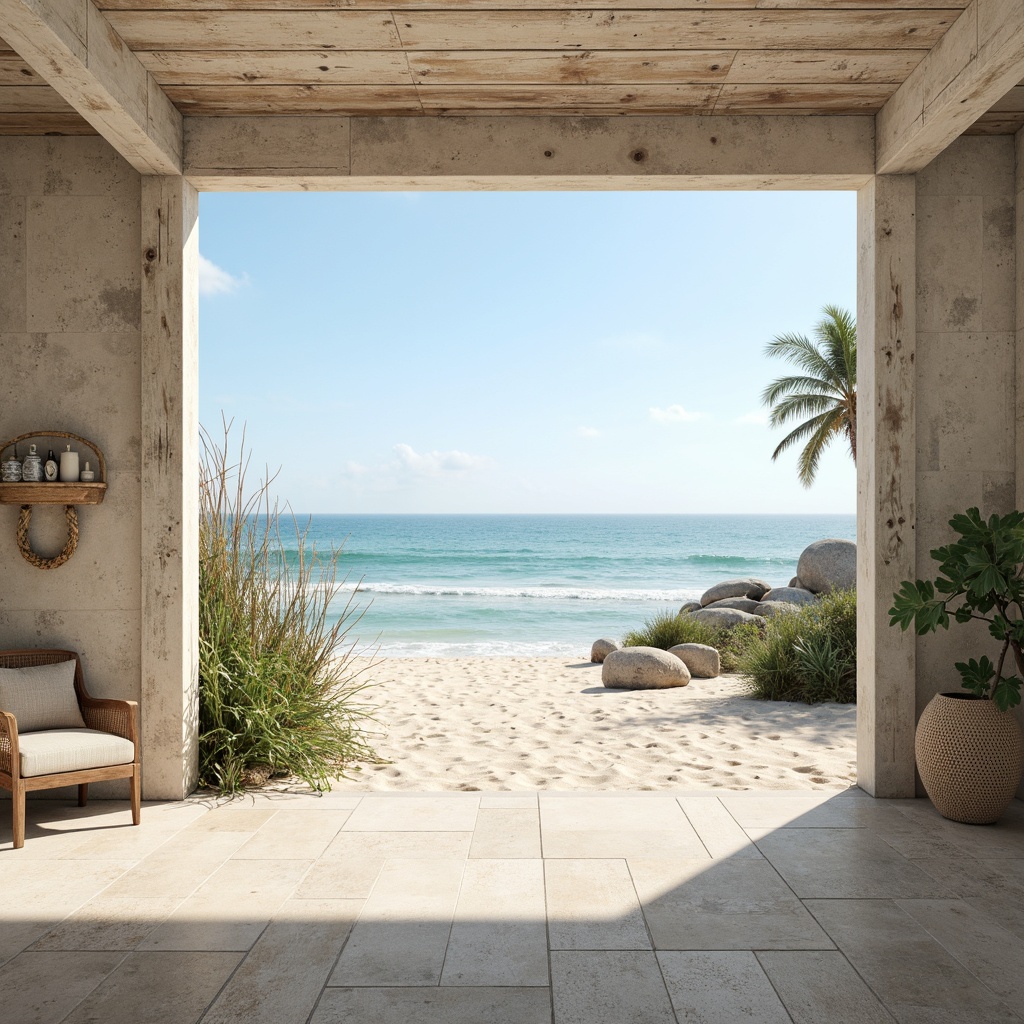 Prompt: Soft sandy beaches, calming ocean waves, sea salt air, driftwood accents, weathered stone walls, distressed wood textures, nautical ropes, vintage anchors, coral-inspired patterns, subtle shell details, pale blue skies, warm sunlight, gentle mist, serene atmosphere, pastel color scheme, creamy whites, soothing blues, muted greens, earthy browns, natural fabrics, woven textiles, organic shapes, free-flowing lines, effortless elegance, coastal charm, relaxed sophistication.