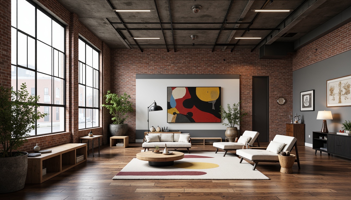 Prompt: Exposed brick walls, industrial metal beams, reclaimed wooden floors, minimalist decor, functional lighting fixtures, geometric patterns, primary color palette, sleek metal accents, modernist furniture, urban loft atmosphere, large factory windows, concrete ceilings, distressed finishes, eclectic art pieces, vintage manufacturing equipment, Edison bulb lighting, open floor plans, airy high ceilings, brutalist architectural elements, abstract industrial-inspired sculptures.