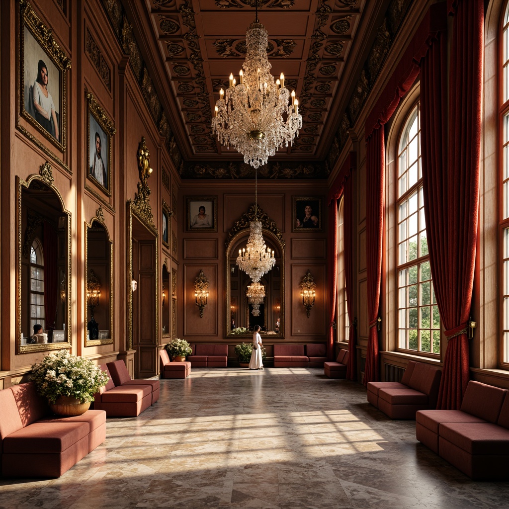 Prompt: Opulent gym interior, ornate mirrors, gilded frames, velvet drapes, crystal chandeliers, marble floors, intricate carvings, curved lines, luxurious fabrics, rich wood tones, Baroque-inspired patterns, soft warm lighting, dramatic shadows, 1/1 composition, high-key color palette, realistic textures, ambient occlusion.