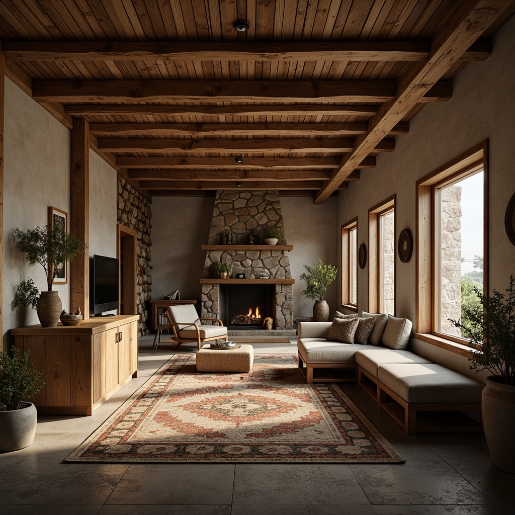 Prompt: Rustic wooden accents, natural stone walls, earthy color palette, organic forms, intricate patterns, woven textiles, distressed finishes, vintage decorative elements, cozy atmospheric lighting, shallow depth of field, 2/3 composition, warm soft focus, realistic renderings, ambient occlusion, subtle noise texture, earthy scent ambiance.