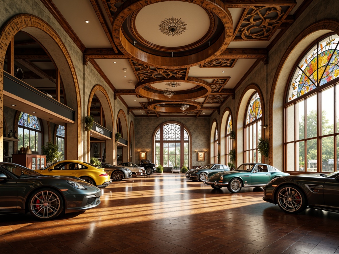 Prompt: Organic Art Nouveau garage interior, sinuous curved lines, flowing ornate decorations, luxurious metallic accents, vintage car displays, polished wooden floors, intricate moldings, stained glass windows, soft warm lighting, shallow depth of field, 1/1 composition, realistic textures, ambient occlusion.