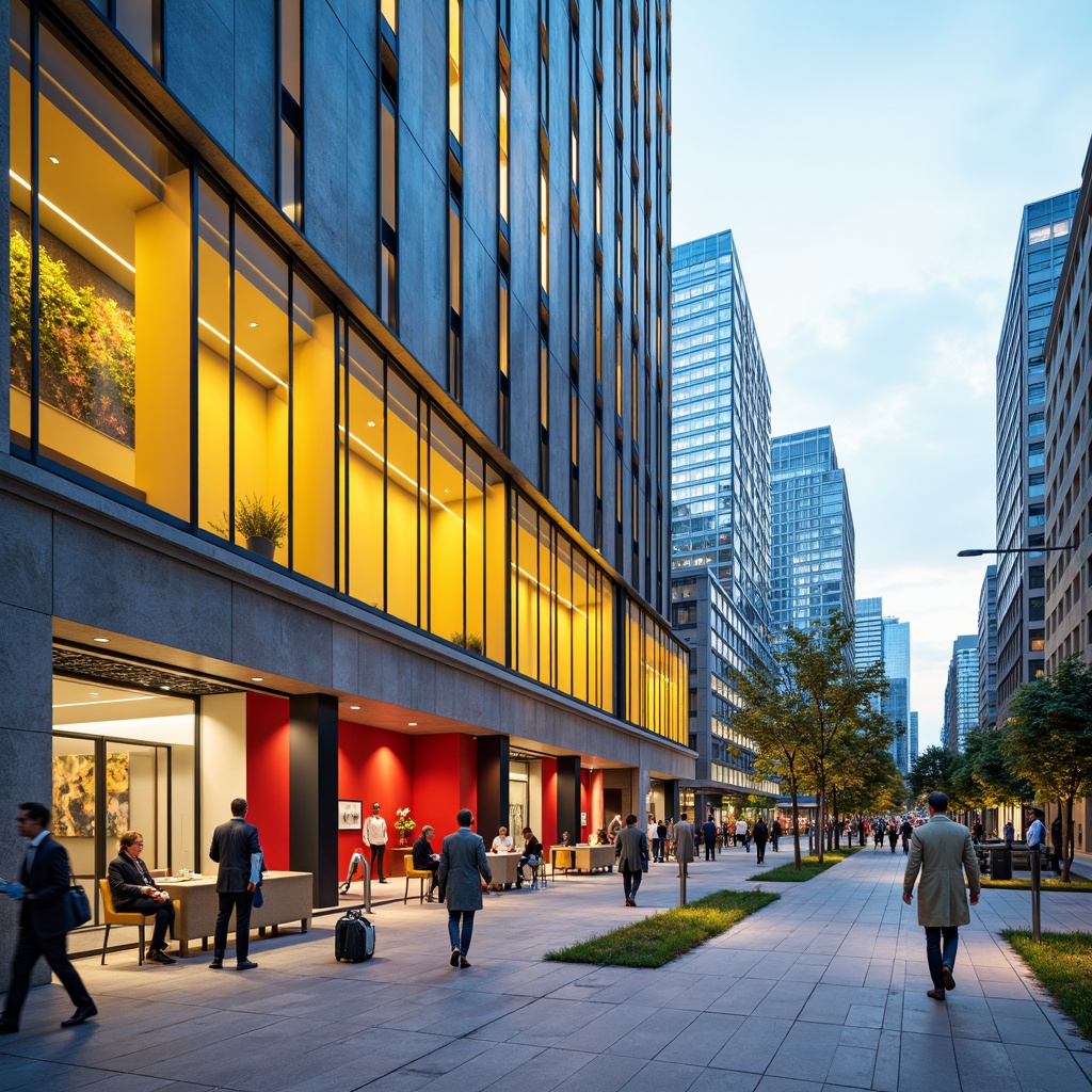 Prompt: Vibrant public building facade, modern architecture, glass and steel materials, neutral beige walls, accentuated blue tones, warm yellow highlights, energetic red accents, urban cityscape background, bustling streets, pedestrian pathways, natural stone flooring, sleek metal handrails, minimalist interior design, ample natural lighting, soft diffused shadows, 1/2 composition, realistic textures, ambient occlusion.