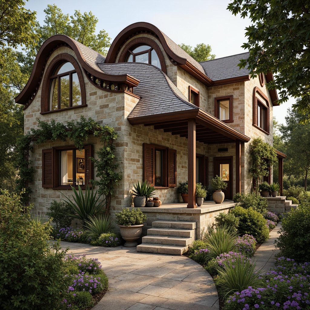 Prompt: Rustic farmhouse, curved lines, organic shapes, ornate decorations, flowing vines, blooming flowers, earthy tones, natural stone walls, wooden beams, pitched roofs, dormer windows, ornamental ironwork, decorative trims, Art Nouveau motifs, intricate patterns, soft warm lighting, shallow depth of field, 1/2 composition, intimate framing, realistic textures, ambient occlusion.