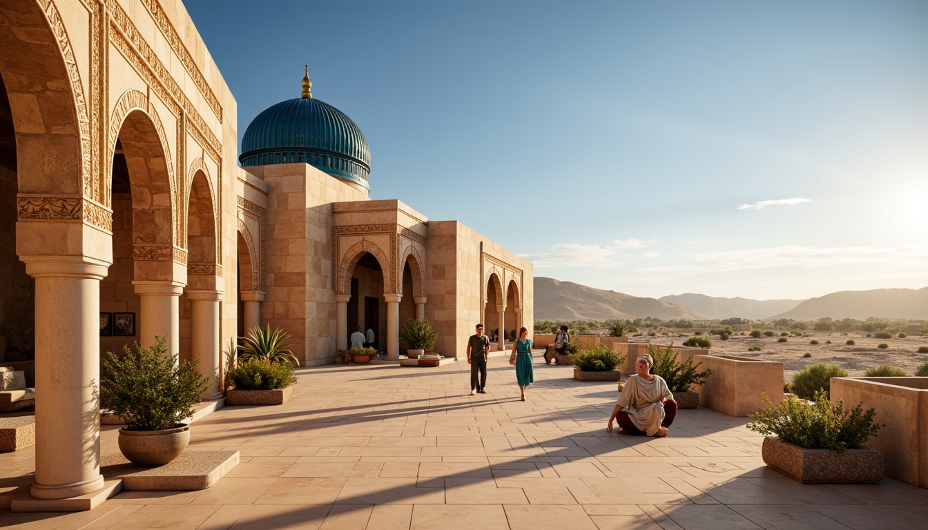 Prompt: Majestic indigo-domed mosque, intricate sandstone carvings, warm beige walls, rustic terracotta tiles, natural linen fabrics, earthy pottery accents, soft golden lighting, shallow depth of field, 1/1 composition, realistic textures, ambient occlusion, serene desert landscape, endless dunes, clear blue sky, hot sunny day.