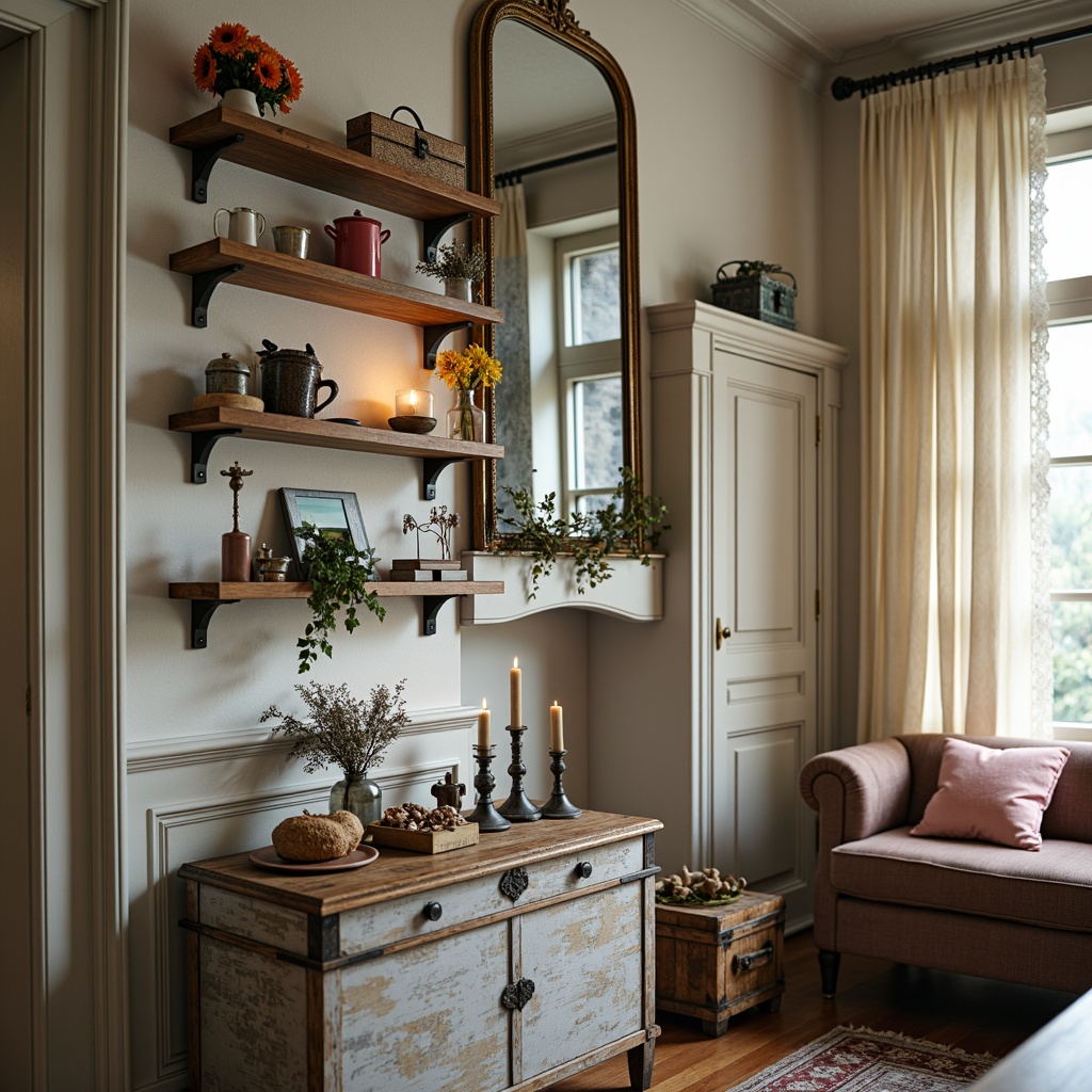 Prompt: Distressed wood shelves, vintage metal brackets, soft pastel colors, lace-trimmed curtains, ornate mirrors, distressed furniture, rustic wooden crates, antique keys, old doors, worn leather trunks, faded florals, subtle sparkle, warm candlelight, shallow depth of field, 1/1 composition, realistic textures, ambient occlusion.