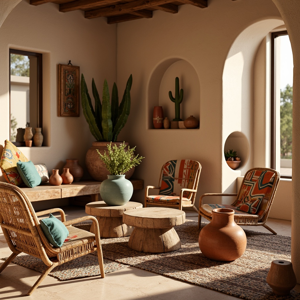 Prompt: Earthy terracotta vases, woven wicker furniture, vibrant turquoise accents, natural fiber rugs, rustic wooden tables, adobe-inspired walls, warm golden lighting, rattan chairs, colorful Navajo-patterned textiles, cactus-shaped decorations, desert botanicals, sandstone sculptures, handmade pottery, geometric patterned blankets, cozy throw pillows, sun-bleached wood tones, warm beige color palette, soft warm ambiance, shallow depth of field, 3/4 composition, realistic textures.