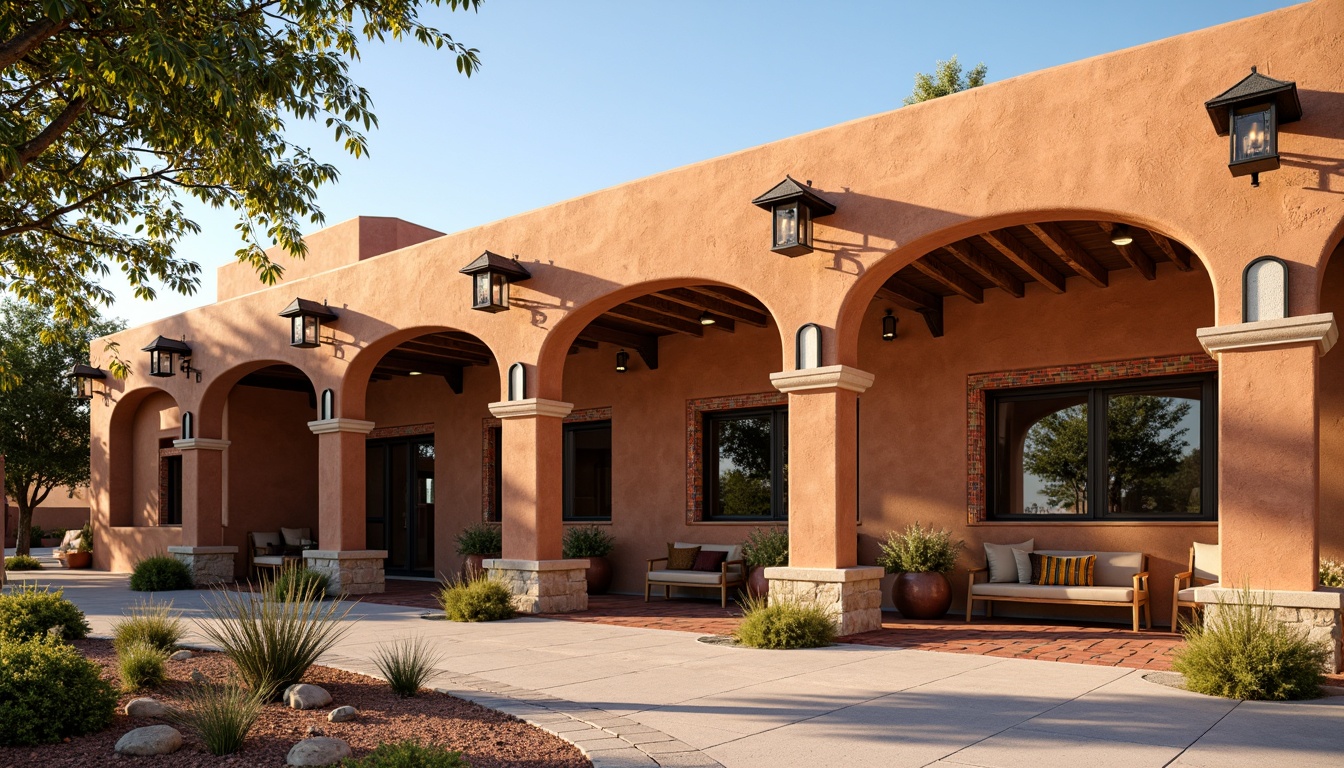 Prompt: Vibrant southwestern bus station, adobe-inspired architecture, warm earthy tones, curved lines, terracotta roofs, colorful ceramic tiles, rustic wooden accents, unique lantern-style lighting fixtures, intricate metalwork details, desert landscaping, cactus plants, sunny afternoon, soft warm glow, high contrast shadows, 1/2 composition, shallow depth of field, realistic textures, ambient occlusion.