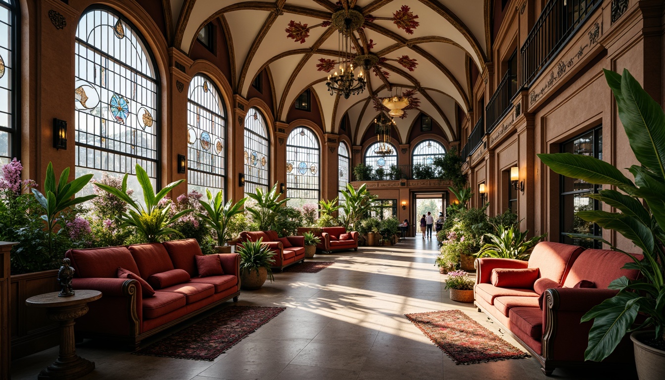 Prompt: Intricate ornate student halls, flowing curvilinear architecture, sinuous metalwork, stained glass windows, lush greenery, vibrant florals, luxurious fabrics, velvet drapes, carved wooden furniture, elegant chandeliers, soft warm lighting, shallow depth of field, 3/4 composition, panoramic view, realistic textures, ambient occlusion.