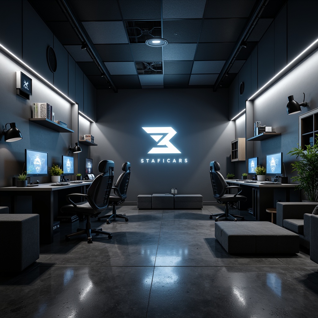 Prompt: Monochromatic game room, sleek minimalism, dark grey walls, polished concrete floor, neon-lit LED lights, futuristic gaming stations, high-tech PCs, ergonomic chairs, industrial metal shelves, modern low-profile sofas, abstract geometric patterns, subtle ambient lighting, 1/2 composition, cinematic camera angles, realistic reflections, atmospheric fog effects.