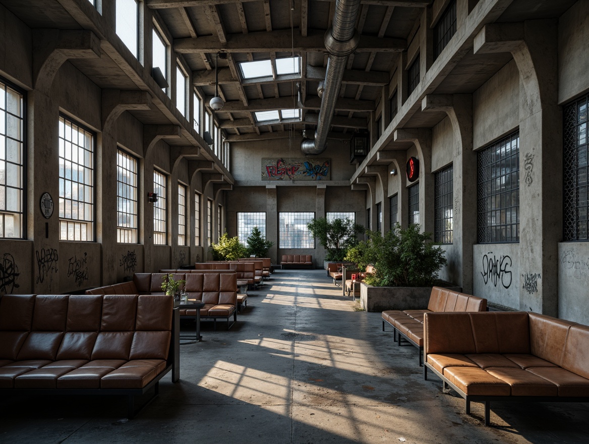 Prompt: Rugged train station interior, brutalist architecture, exposed concrete walls, industrial metal beams, raw steel columns, minimalist benches, utilitarian seating areas, urban graffiti, distressed leather upholstery, reclaimed wood accents, metal mesh partitions, functional lighting fixtures, cold atmospheric ambiance, high ceilings, open spaces, modern industrial aesthetic, harsh shadows, dramatic light contrasts, cinematic composition, low-key color palette, gritty textures.