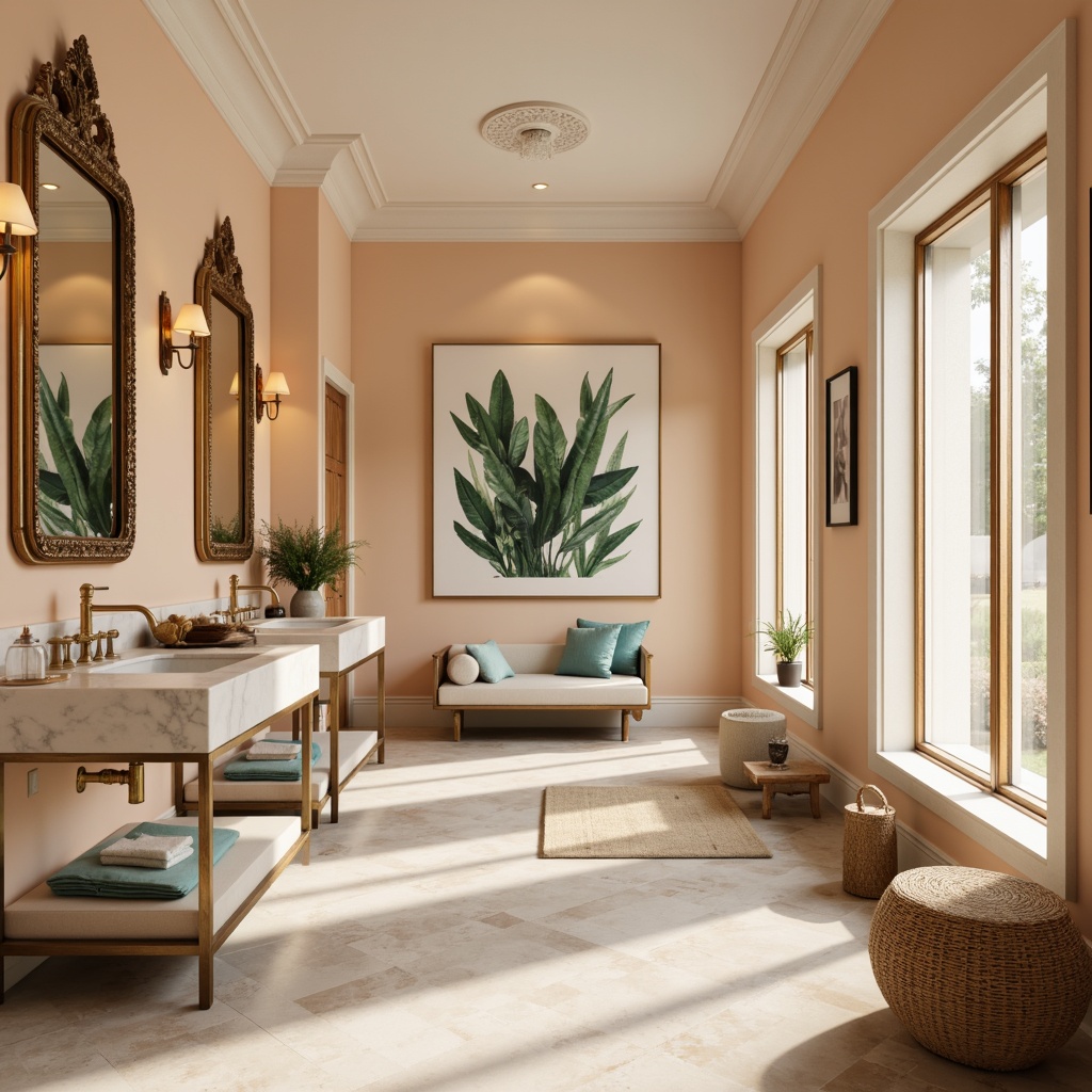 Prompt: Soft peach walls, warm beige floors, calming aqua accents, polished chrome fixtures, elegant white marble countertops, ornate gold mirrors, serene botanical prints, natural woven textiles, spa-inspired ambiance, relaxing soft focus, 1/2 composition, warm gentle lighting, shallow depth of field, realistic reflective surfaces.