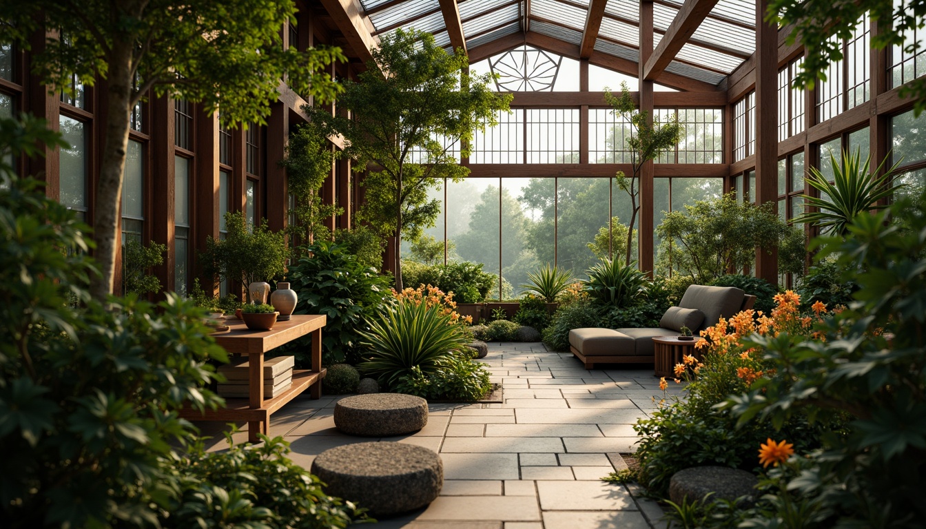 Prompt: Serenely lit Asian-style greenhouse, lush tropical plants, exotic flowers, natural stone flooring, wooden accents, minimalist decor, subtle aromas, humid atmosphere, warm soft lighting, shallow depth of field, 1/1 composition, intimate view, realistic textures, ambient occlusion, tranquil ambiance, peaceful retreat.