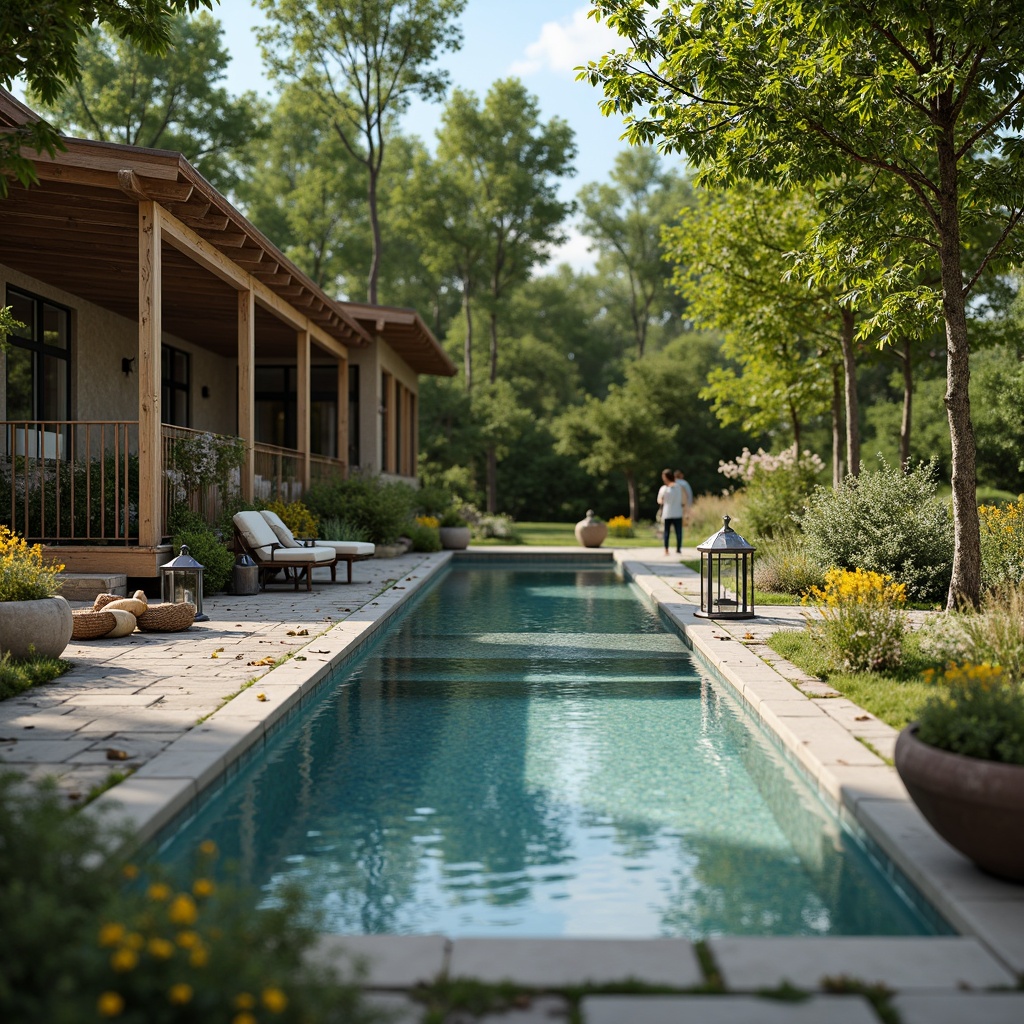 Prompt: Rustic farmhouse pool surroundings, natural stone coping, wooden decking, weathered metal railings, vintage-inspired lanterns, lush greenery, blooming wildflowers, sunny day, warm soft lighting, shallow depth of field, 3/4 composition, panoramic view, realistic textures, ambient occlusion.