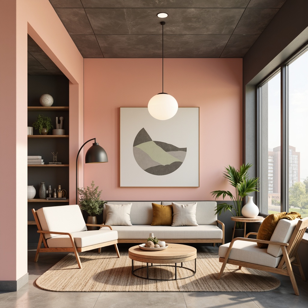 Prompt: Vibrant design studio, modern minimalist interior, sleek furniture, bold accent walls, pastel color scheme, soft peach tones, rich charcoal grays, creamy whites, natural wood accents, geometric patterns, Scandinavian-inspired aesthetic, warm ambient lighting, shallow depth of field, 1/1 composition, realistic textures, subtle shadows.