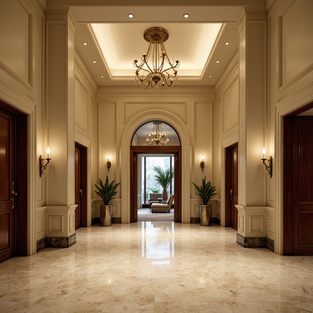 Prompt: Grand entrance hall, high ceiling, marble flooring, elegant chandelier, warm soft lighting, subtle shadowing, ornate wooden doors, polished metal hardware, inviting atmosphere, bright overhead lighting, recessed LED lights, ambient illumination, 1/1 composition, symmetrical framing, dramatic spotlighting, luxurious textiles, rich wood tones, creamy whites, golden accents.