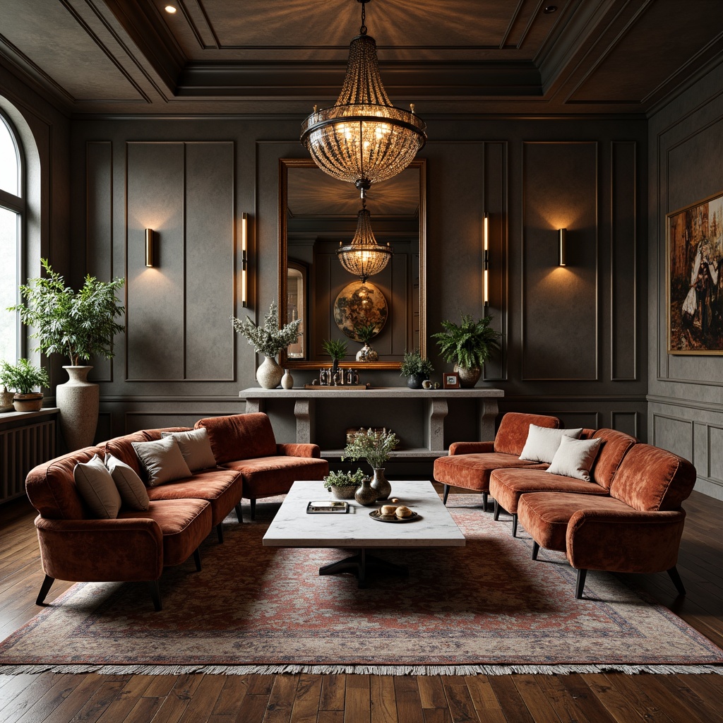 Prompt: Luxurious living room, rich velvet sofa, smooth marble coffee table, rustic wooden floorboards, distressed metal accents, industrial chic decor, lavish chandeliers, plush area rugs, soft warm lighting, 3/4 composition, shallow depth of field, realistic textures, ambient occlusion.